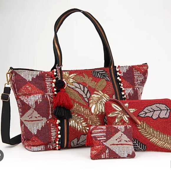 America & Beyond Handbags - America & Beyond Travel Bag Set 3 Piece Tote Purse Coin Pouch Beaded Leaves Red